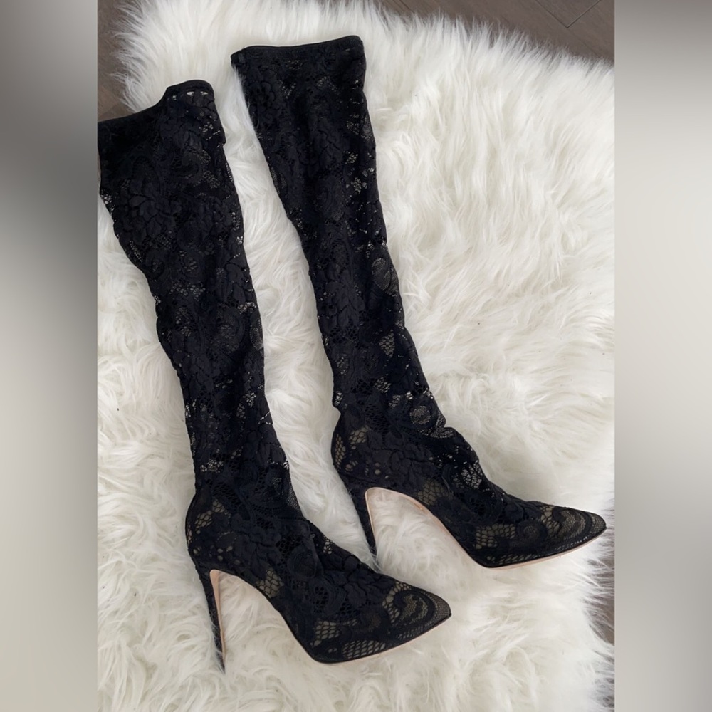 D&G soft stretch lace tight high boots heel